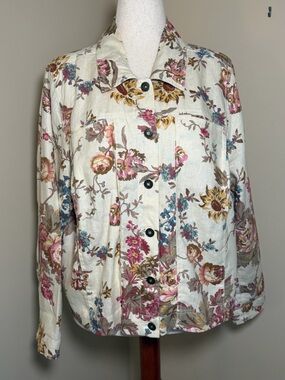 Saint Tropez West Linen Floral Button Front Jacket Blouse 2X Boho Lightweight